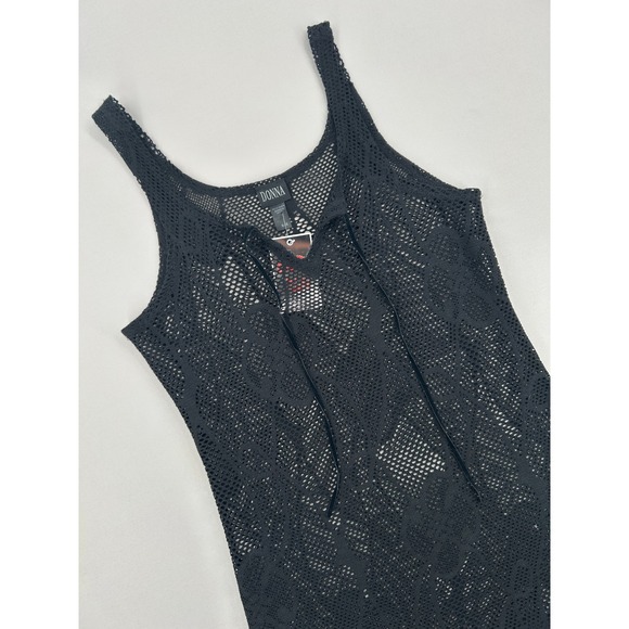 Donna Tops - Donna Black Crochet Knit Lace Up Front Tank Top Floral Mesh Cover Up Medium